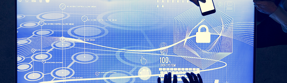 Hands interacting with a digital control interface displaying network security graphics and data access protocols for advanced fiber optic cabling in data centers.