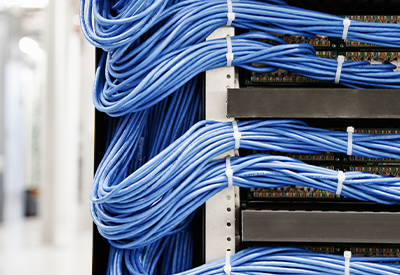 Blue network cables neatly organized in a data center, showcasing advanced cable management for high-speed network infrastructure.