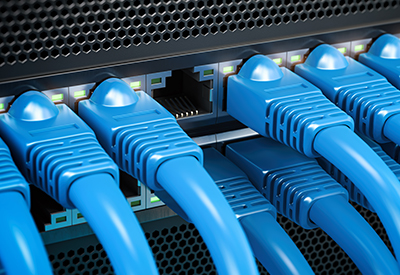 Close-up of blue Ethernet cables connected to a network switch, illustrating advanced network cabling solutions for data centers.