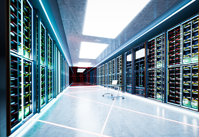 Advanced data center interior featuring rows of high-capacity server racks, illuminated pathways, and modern design, emphasizing scalable network cabling solutions for optimal performance and redundancy.