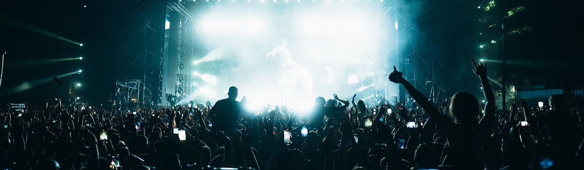 Crowd at a concert with raised hands and smartphones, illuminated by stage lights, showcasing a vibrant audio-visual experience in Las Vegas.