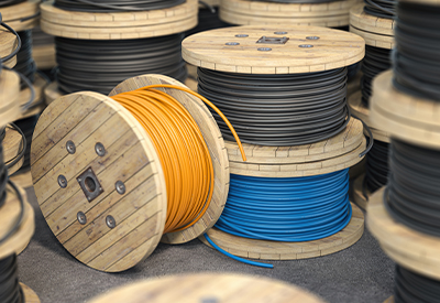 Spools of fiber optic cables in various colors, including orange and blue, showcasing Universal Fiber Optics' offerings for government and military cabling solutions.