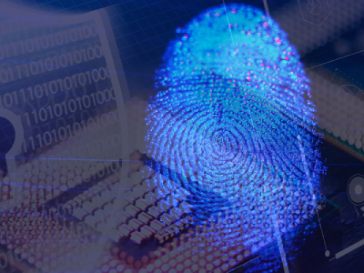 Fingerprint overlay on a digital circuit board, symbolizing biometric security and access control technology for data centers.
