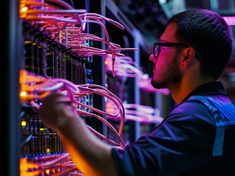 Technician working on network cabling in a data center, adjusting fiber optic cables with illuminated connections.