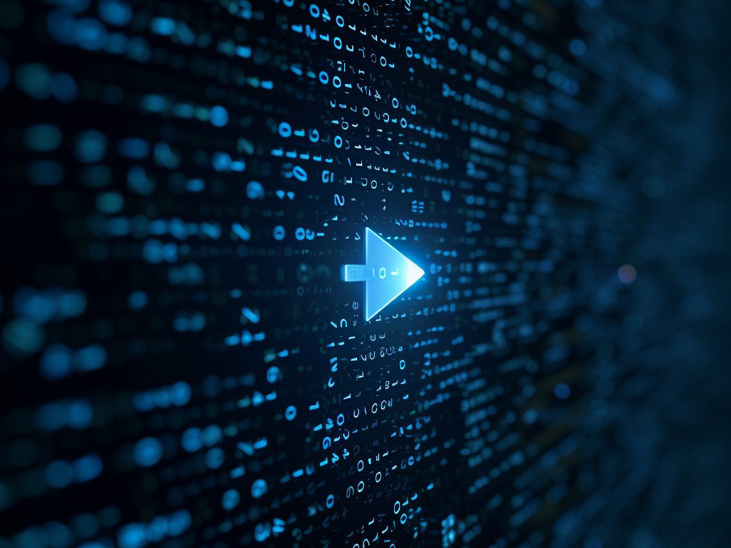 Blue arrow symbol on a digital background of binary code, representing advanced network technology and data transfer solutions for data centers.